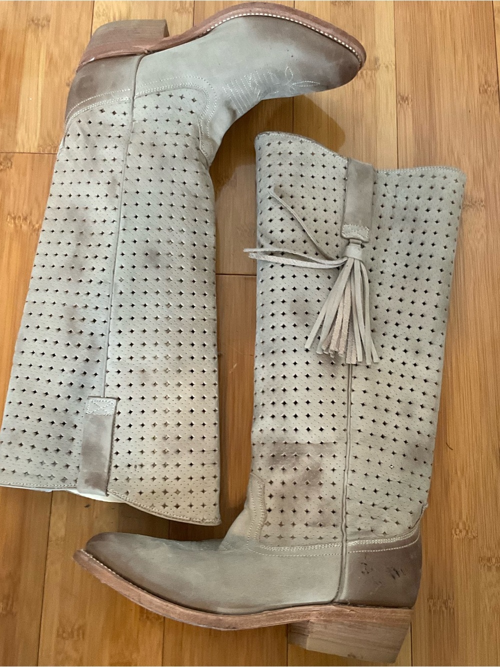 Miss Sixty Taupe Perforated Over-the-Knee Suede Boots with Tassel - Picture 5 of 16